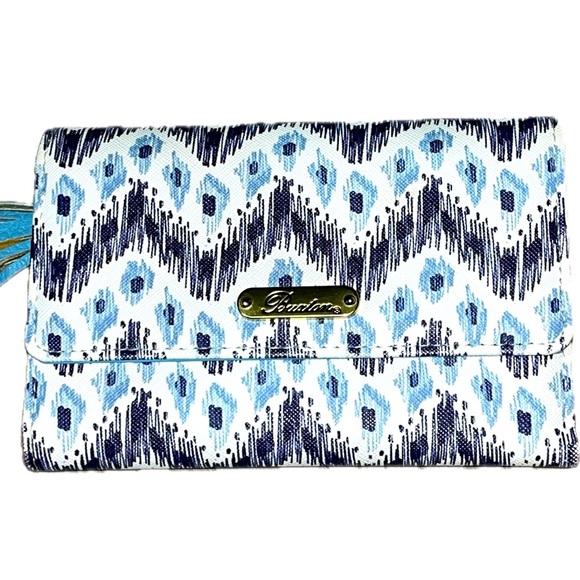 Buxton Multi-Pattern Print Tassel Bi-Fold Women’s Wallet, Blue & White - Picture 1 of 16